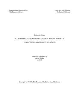 Regional Oral History Office University of California the Bancroft Library Berkeley, California