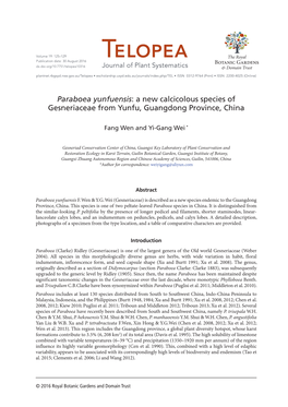 Paraboea Yunfuensis: a New Calcicolous Species of Gesneriaceae from Yunfu, Guangdong Province, China