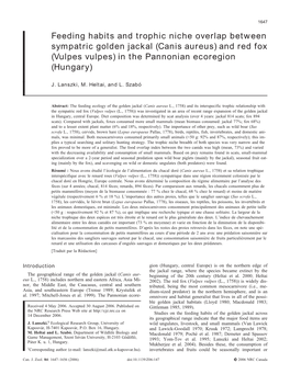 Feeding Habits and Trophic Niche Overlap Between Sympatric Golden Jackal (Canis Aureus) and Red Fox (Vulpes Vulpes) in the Pannonian Ecoregion (Hungary)