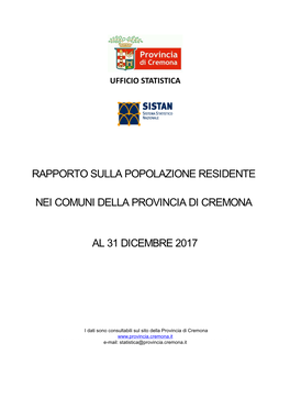 Rapporto Sulla Popolazione Residente Nei Comuni Della Provincia Di