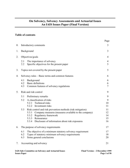 On Solvency, Solvency Assessments and Actuarial Issues an IAIS Issues Paper (Final Version)