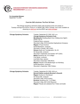 For Immediate Release: September 15,.2020 from the CSO's Archives: the First 130 Years This Chicago Symphony Orchestra (CSO)