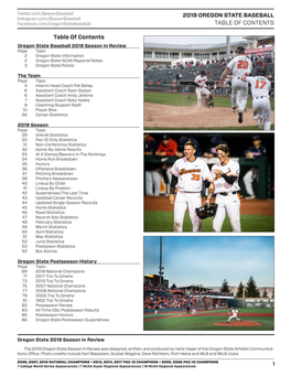 2019 OREGON STATE BASEBALL TABLE of CONTENTS Table Of