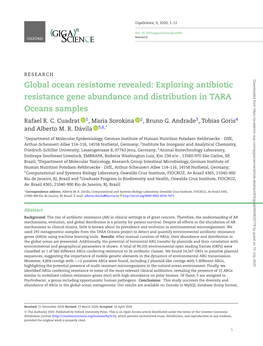 Global Ocean Resistome Revealed: Exploring Antibiotic Resistance Gene Abundance and Distribution in TARA Oceans Samples Rafael R