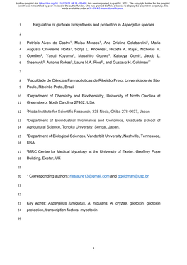 Regulation of Gliotoxin Biosynthesis and Protection in Aspergillus Species