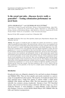 Is the Cereal Rust Mite, Abacarus Hystrix Really a Generalist? – Testing Colonization Performance on Novel Hosts