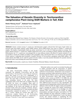 The Valuation of Genetic Diversity in Tarchonanthus Camphoratus Plant Using ISSR Markers in Taif, KSA