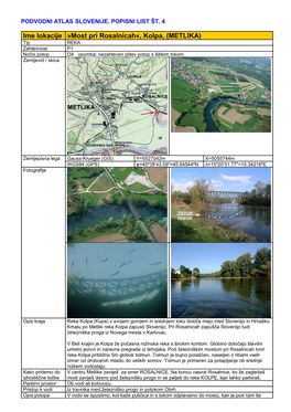 Ime Lokacije »Most Pri Rosalnicah«, Kolpa, (METLIKA) Tip REKA Zahtevnost P1 Nočni Potop DA Opomba: Nezahteven Plitev Potop S Šibkim Tokom