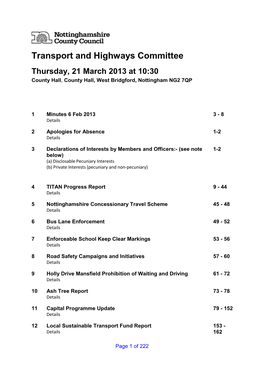 Transport and Highways Committee Thursday, 21 March 2013 at 10:30 County Hall , County Hall, West Bridgford, Nottingham NG2 7QP