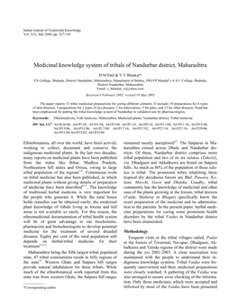 Medicinal Knowledge System of Tribals of Nandurbar District, Maharashtra