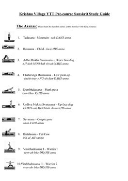 Krishna Village YTT Pre-Course Sanskrit Study Guide the Asanas