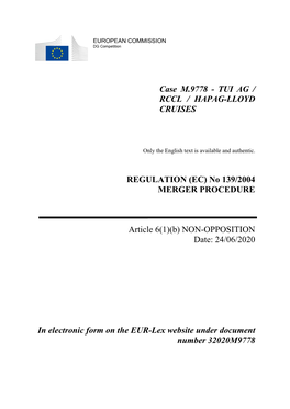 Case M.9778 - TUI AG / RCCL / HAPAG-LLOYD CRUISES