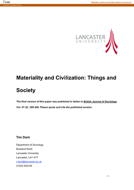 Materiality and Civilization: Things And