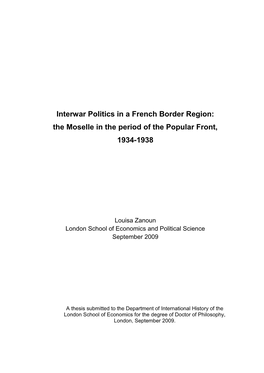 Interwar Politics in a French Border Region: the Moselle in the Period of the Popular Front, 1934-1938