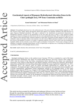 Geochemical Aspects of Hypogene Hydrothermal Alteration Zones in the Chol- Qeshlaghi Area, NW Iran: Constrains on Rees