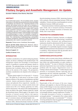 Pituitary Surgery and Anesthetic Management: an Update Pituitary Surgery and Anesthetic Management: an Update