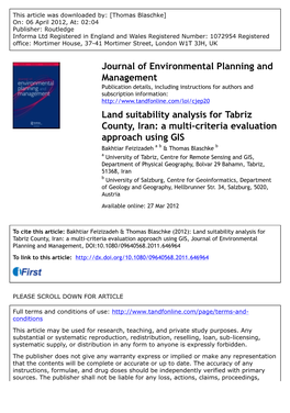 (2012): Land Suitability Analysis for Tabriz County, Iran: a Multi-Criteria