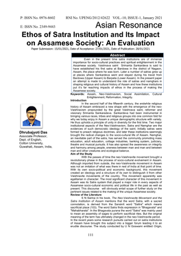 Ethos of Satra Institution and Its Impact on Assamese Society