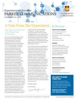 Department of Chemistry PARKER COMMUNICATIONS DECEMBER 15, 2016