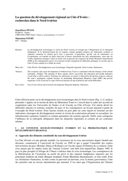 La Question Du Développement Régional En Côte D'ivoire : Recherches Dans Le Nord Ivoirien