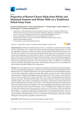 Properties of Rennet Cheese Made from Whole and Skimmed Summer and Winter Milk on a Traditional Polish Dairy Farm