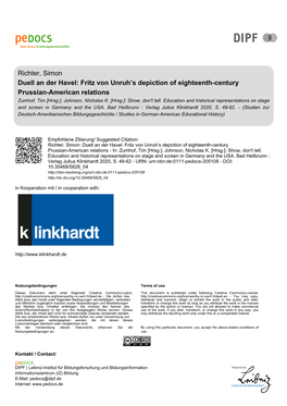 Duell an Der Havel: Fritz Von Unruh’S Depiction of Eighteenth-Century Prussian-American Relations Zumhof, Tim [Hrsg.]; Johnson, Nicholas K