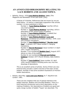 An Annotated Bibliogrphy Relating to Lace Bobbins and Allied Topics