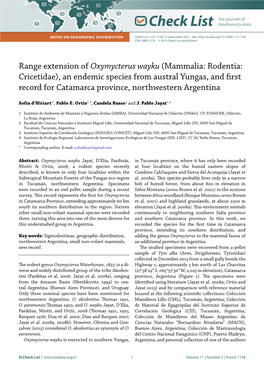 Oxymycterus Wayku (Mammalia: Rodentia: Cricetidae), an Endemic Species from Austral Yungas, and First Record for Catamarca Province, Northwestern Argentina