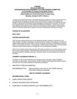 AGENDA REGULAR MEETING GROUNDWATER REPLENISHMENT SYSTEM STEERING COMMITTEE (A Committee of Orange County Water District And