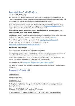 Islay and the Covid-19 Virus Last Updated 31/8/21 (4 Pm)