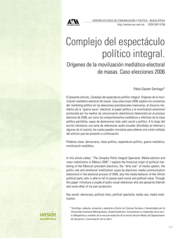 Complejo Del Espectáculo Político Integral. Orígenes De La Movilización Mediático-Electoral De Masas