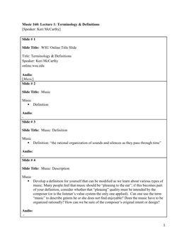 Music 160: Lecture 1: Terminology & Definitions [Speaker: Keri Mccarthy