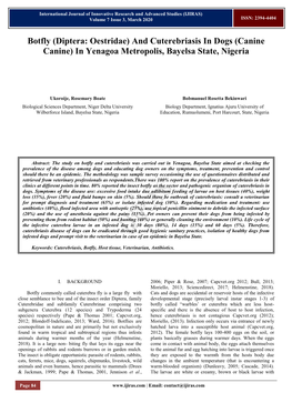 Botfly (Diptera: Oestridae) and Cuterebriasis in Dogs (Canine Canine) in Yenagoa Metropolis, Bayelsa State, Nigeria