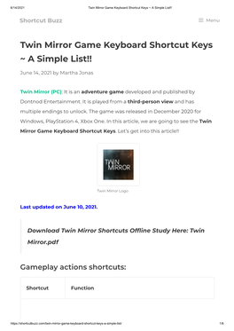 Twin Mirror Game Keyboard Shortcut Keys ~ a Simple List!!