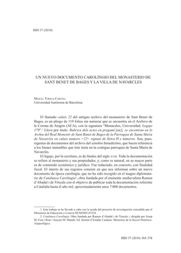 Un Nuevo Documento Carolingio Del Monasterio De Sant Benet De Bages Y La Villa De Navarcles 365 Hid 37 (2010)