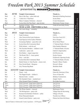 Freedom Park 2013 Summer Schedule Presented By