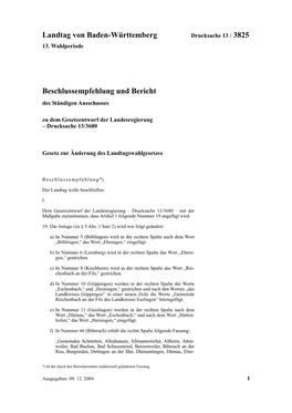 Landtag Von Baden-Württemberg Beschlussempfehlung Und Bericht