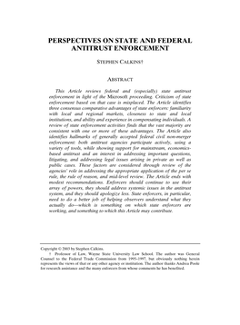 Perspectives on State and Federal Antitrust Enforcement