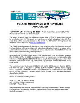 Polaris Music Prize 2021 Key Dates Announced / Annonce Des Dates
