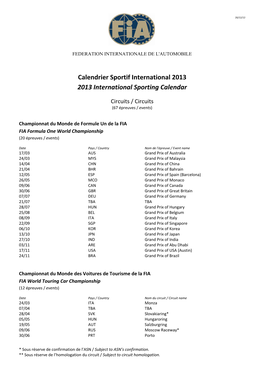 Calendrier Sportif International 2013 2013 International Sporting Calendar