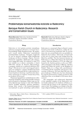 Problematyka Konserwatorska Kościoła W Radecznicy Baroque Parish Church in Radecznica: Research and Conservation Issues