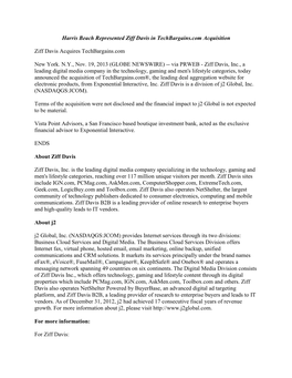 Harris Beach Represented Ziff Davis in Techbargains.Com Acquisition Ziff Davis Acquires Techbargains.Com New York. N.Y., Nov. 19