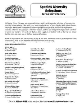 Species Diversity Selections Spring Grove Nursery