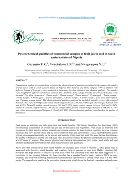 Pysicochemical Qualities of Commercial Samples of Fruit Juices Sold in South Eastern States of Nigeria