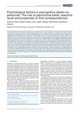 Psychological Factors in Precognitive Dream Ex- Periences: the Role Of