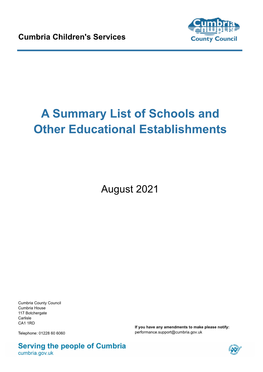 A Summary List of Schools and Other Educational Establishments