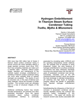 Hydrogen Embrittlement in Titanium Steam Surface Condenser Tubing Truths, Myths & Misnomers