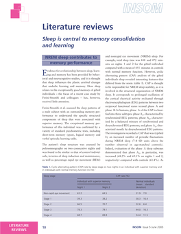 Literature Reviews Sleep Is Central to Memory Consolidation and Learning