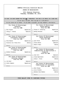 SAMPLE Official Election Ballot STATE of MISSISSIPPI 2011 General Election Tuesday, November 08, 2011