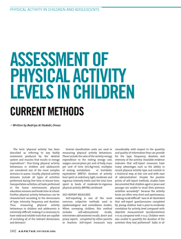 Assessment of Physical Activity Levels in Children Current Methods